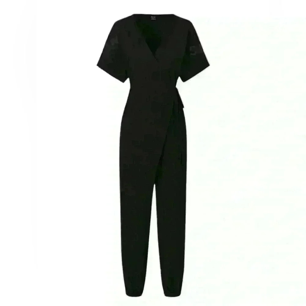 SHEIN LUNE Women Plain Casual Short Sleeve Black Wrap Jumpsuit. Size XL 12 NWT - Picture 13 of 16